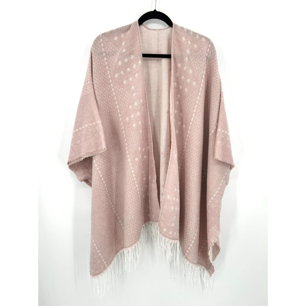 GENTLE FAWN Pastel Rose Pink White Poncho Fringe Cardigan Sweater Medium / Large